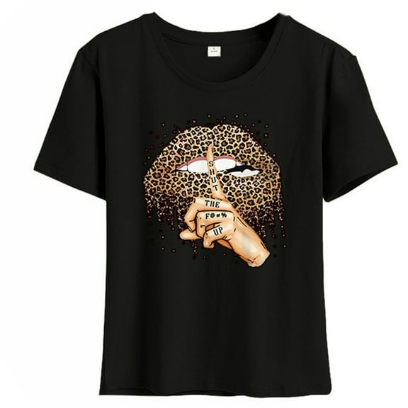 AOOOWER Women's Leopard Lips Finger Print T-Shirt Casual Loose Short Sleeve Graphics Top