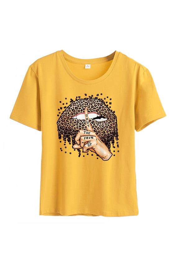 Women's Leopard Lips Finger Print T-Shirt Casual Loose Short Sleeve Graphics Top