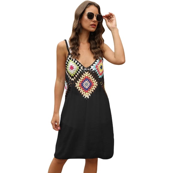 AOOOWER Women's Sleeveless Beach Dress Patchwork Crochet Cover Up V Neck Bikini Cover Up