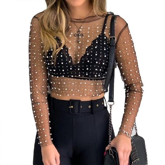 AOOOWER Womens Long Sleeve Fairy See-Through Mesh Crop Top Glitter Pearls Rhinestone Crew Neck Pullover Shirts Blouse Slim Cover Up Party Clubwear