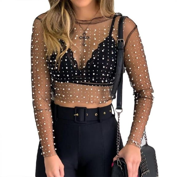 AOOOWER Womens Long Sleeve Fairy See-Through Mesh Crop Top Glitter Pearls Rhinestone Crew Neck Pullover Shirts Blouse Slim Cover Up Party Clubwear