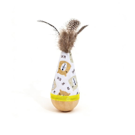 AOOOWER Wooden Wobbling Cats Teaser Toy Natural Wood Base Feathered SelfTeasing Toy