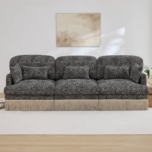 AOOWOW Home Sectional Leopard Print Chenille Deep Seat and Modular 3-seater Sofa with Tassel Trim, Black