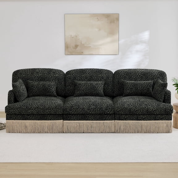 AOOWOW Home Contemporary Leopard Print Chenille Deep Seat and Easy Assembly Sectional 3-seater Modular Sofa with Tassel Trim, Green Black