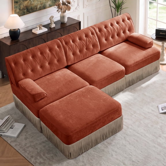 AOOWOW Home L-Shaped Button Tufted Velvet Reclining and Oversized Sectional Sofas with 1 Ottoman, Red Brown