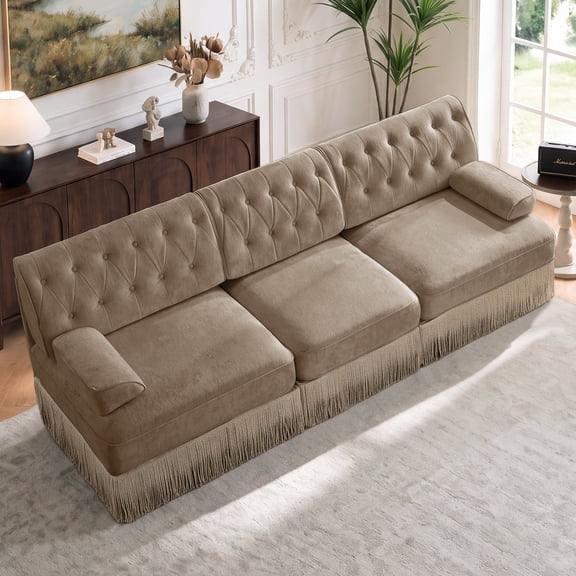 AOOWOW Home I-Shaped Button Tufted Velvet Reclining and Oversized Sectional Sofas, Camel