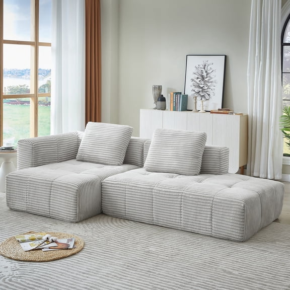 AOOWOW Home L-Shape Solid Print Corduroy Reclining and High-Density Memory Foam Sectional Sofas, Gray
