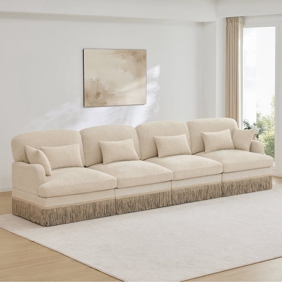 AOOWOW Home Leopard Print Chenille Deep Seat and Tassel Trim 4-seater Sectional Sofas, Beige Coffee