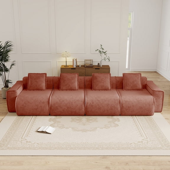 AOOWOW Home I-Shape Velvet Reclining Sectional Sofas with 3 Pillows, Red