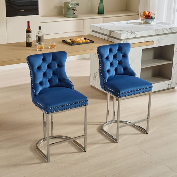 AOOWOW 26" Counter Height Bar Stools Set of 2, Modern Velvet Barstools with Button Back&Rivet Trim Upholstered Kitchen Island Chairs