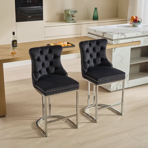 AOOWOW 26" Counter Height Bar Stools Set of 2, Modern Velvet Barstools with Button Back&Rivet Trim Upholstered Kitchen Island Chairs