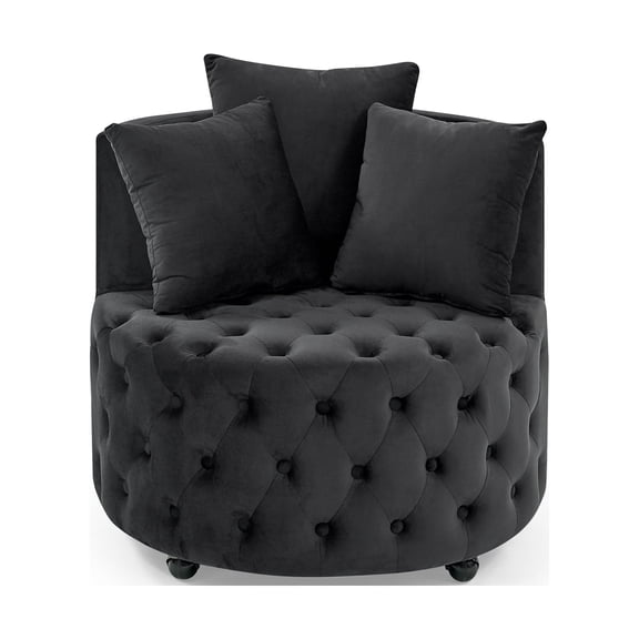 AOOWOW 30 inch Black Velvet Swivel Chair with 3 Pillows, Tufted Design with Wheels, Compact Accent Chair for Small Adults, Living Room & Bedroom