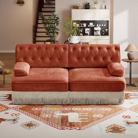 AOOWOW Home I-Shaped Button Tufted Velvet Reclining and Oversized Sectional Sofas, Red Brown