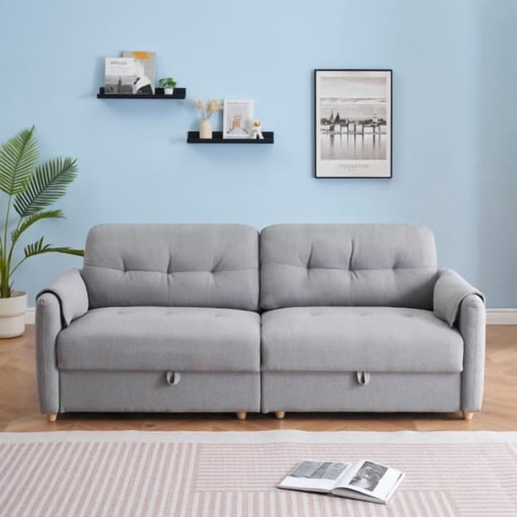 AOOWOW 79.5 Inch Teddy Cotton Linen Sofa, Minimalist Stylish Couch with Tapered Metal Legs, Metal Trim Accents and Hidden Storage Function, Light Gray
