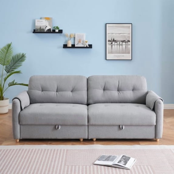AOOWOW 79.5 Inch Teddy Cotton Linen Sofa, Minimalist Stylish Couch with Tapered Metal Legs, Metal Trim Accents and Hidden Storage Function, Light Gray