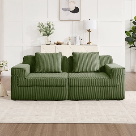 AOOWOW Home Contemporary Corduroy Reclining L Shaped Modular Sectional Couch with 2 Pillows, Green