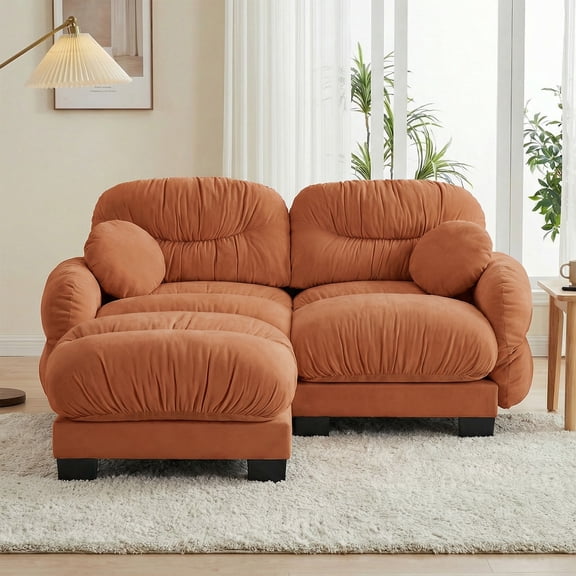 AOOWOW Home Pleated Design Chenille Fabric Reclining and Modular Sectional Sofas with 2 Round Throw Pillows, Orange