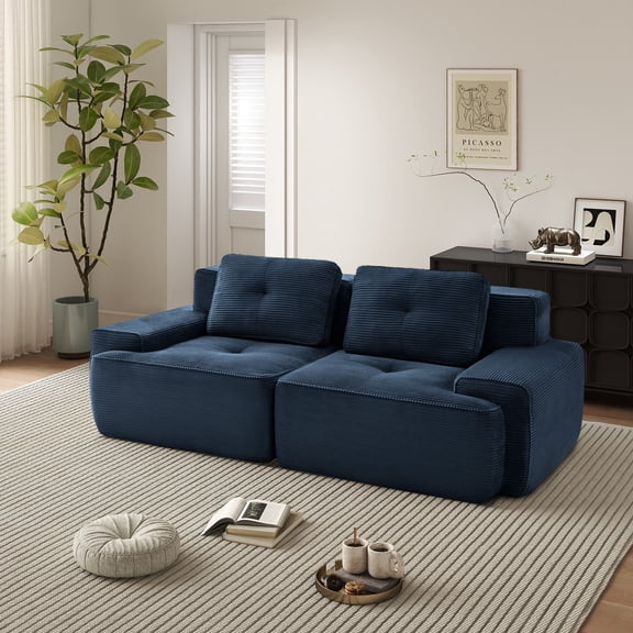 AOOWOW Boneless Couch Modular Sectional Sofa 82" Loveseat, Tufted Corduroy Sectional Couches for Living Room, 2-Seater Floor Sofa with Anti-Slip, No Assembly, Blue