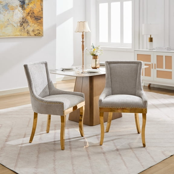 AOOWOW Chenille Dining Chairs Set of 2, Upholstered Dining Chairs with Gold-Plated Metal Legs, Rivet Trim, Padded Seat, Beige