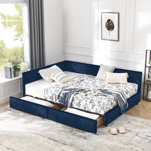 AOOWOW With 2 Drawers Velvet Upholstered Wood Daybed, Full, DARK BLUE