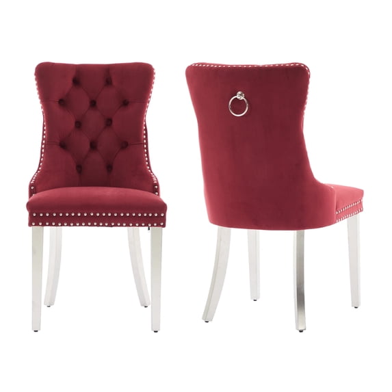 AOOWOW High-End Tufted Velvet Dining Chair Set of 2, Wine Red Chrome, Solid Wood with Chrome Stainless Steel Legs and Nailhead Trim