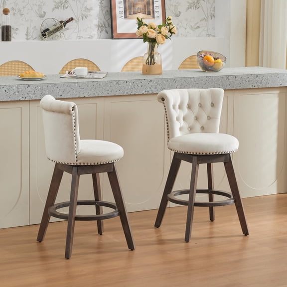 AOOWOW Home Adult Mid Back Swivel and Tufted Velvet Upholstered Bar Stools - Set of 2, Beige