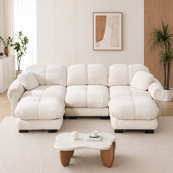 AOOWOW 103.9" 3-Seater Cloud Sofa Beige with 2 Ottomans U-Shaped Chenille Sectional