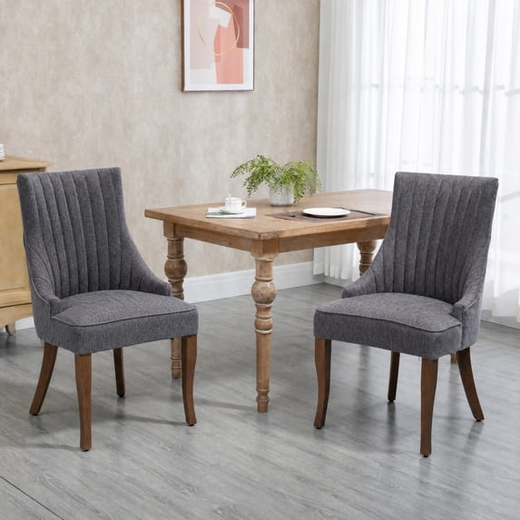AOOWOW Linen Channel Tufted Kitchen Dining Chairs Set of 2 with Solid Wood Legs