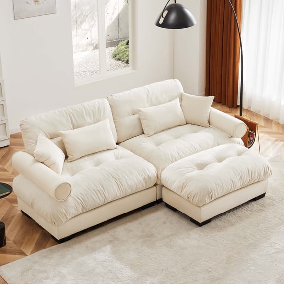 AOOWOW Home Contemporary L-Shaped Velvet Reclining and Deep Seat Modular Sectional Sofa with 4 Pillows, Cream