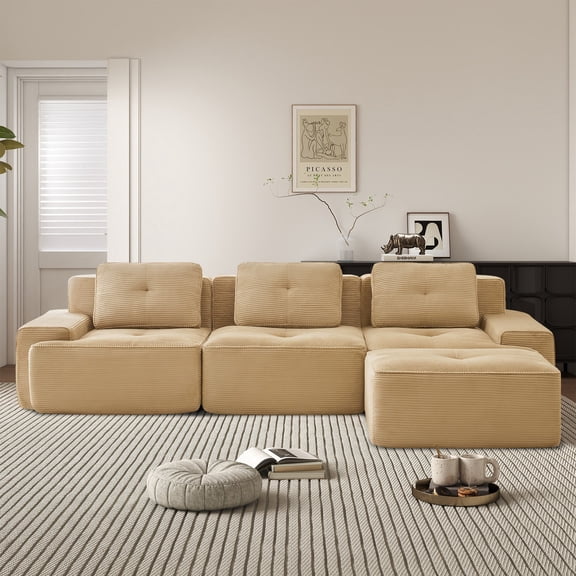 AOOWOW Modular Sectional Sofa Boneless Couch, Cloud Sectional Couches for Living Room, Oversized L Shaped Couch with Deep Seat and Ottoman, Comfy Corduroy Upholstery Camel Couches, No Assembly