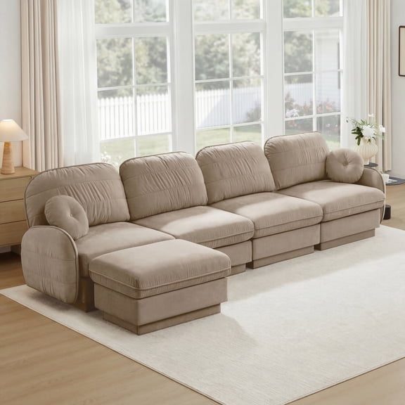 AOOWOW Home Contemporary Chenille Fabric Reclining Modular Sectional Sofa with Round Pillows, Light Coffee