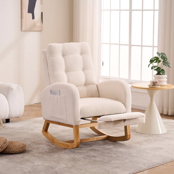 AOOWOW Teddy Nursery Rocking Chair with Retractable Foot Rest,Glider Rocking Chair, Beige White