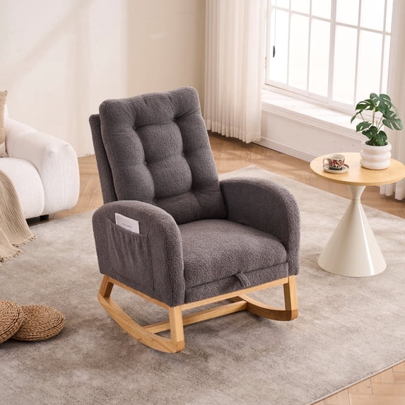 AOOWOW Teddy Nursery Rocking Chair with Retractable Foot Rest,Glider Rocking Chair, Dark Gray