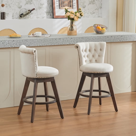 AOOWOW Home Adult Mid Back Swivel and Tufted Velvet Upholstered Bar Stools - Set of 2, Beige