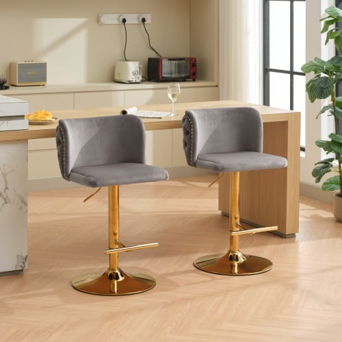 AOOWOW Swivel Barstools Adjusatble Seat Height With Gold-plating Base, Classic Velvet Upholstered Bar Stools, Set of 2