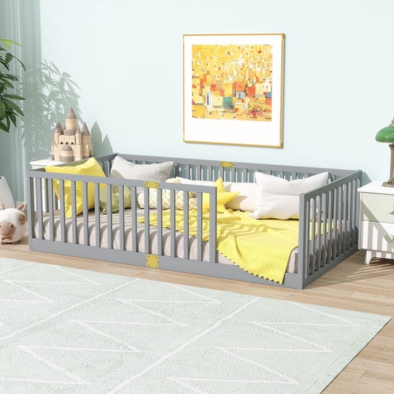 AOOWOW Twin Size Montessori Floor Bed Frame with High Rails & Wood Slats, Easy Assembly,Grey