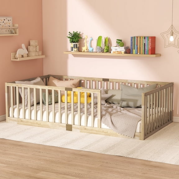 AOOWOW Twin Montessori Floor Bed Frame with High Rails, Rubber Wood