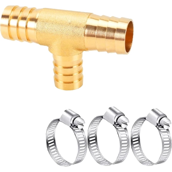 AOPANDA 1" Brass Barb Tee Fittings T-Shaped 3 Ways Union 1" ID Hose Pipe Fitting for Water/Fuel/Air (Pack of 1) with 3pcs Stainless Steel Pipe Clamp.