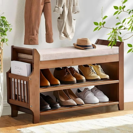 AOPEC 2 Tier Shoe Bench, Bamboo Shoe Rack Bench, Shoe Storage Bench Organizer for Entryway Hallway Living Room
