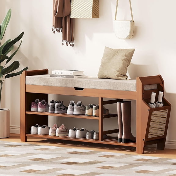 AOPEC 39.4" Bamboo Shoe Rack Bench, 3-Tier Entryway Bench with Thick Cushion, Flip-Top & Side Storage, Holds Up to 550 LBS for Hallway, Living Room, Bedroom