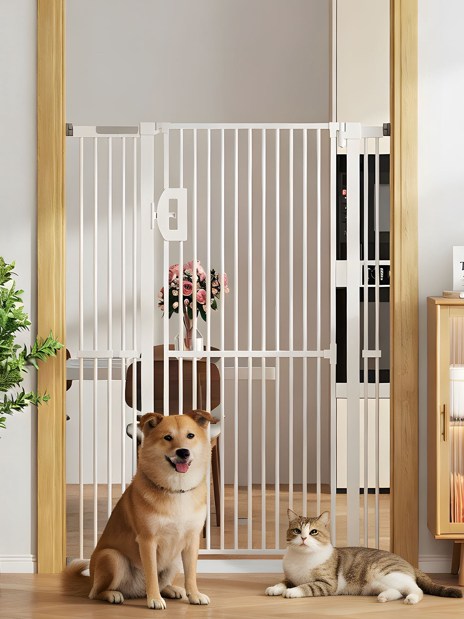 AOPEC 57" Extra Tall Pet Gate, Auto Close Dog Door Pressure Mounted No Drilling for Doorways, Hallways, Stairs, Expandable 27.5"-38.5" Wide, Narrow 1.18" Spacing for Small Dogs & Puppies, White