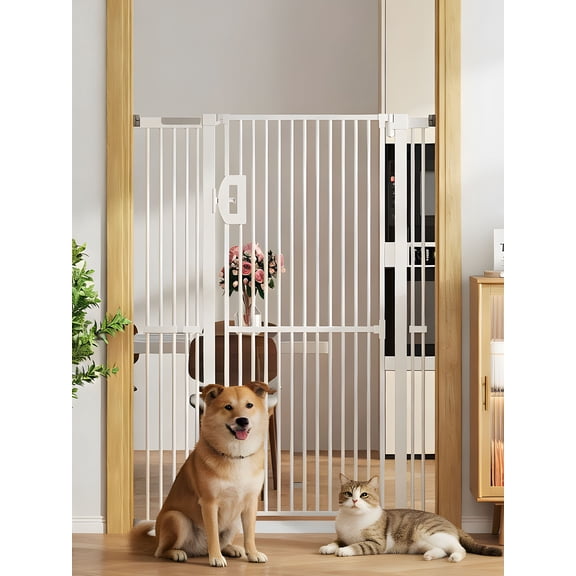AOPEC 57" Extra Tall Pet Gate, Auto Close Dog Door Pressure Mounted No Drilling for Doorways, Hallways, Stairs, Expandable 27.5"-38.5" Wide, Narrow 1.18" Spacing for Small Dogs & Puppies, White