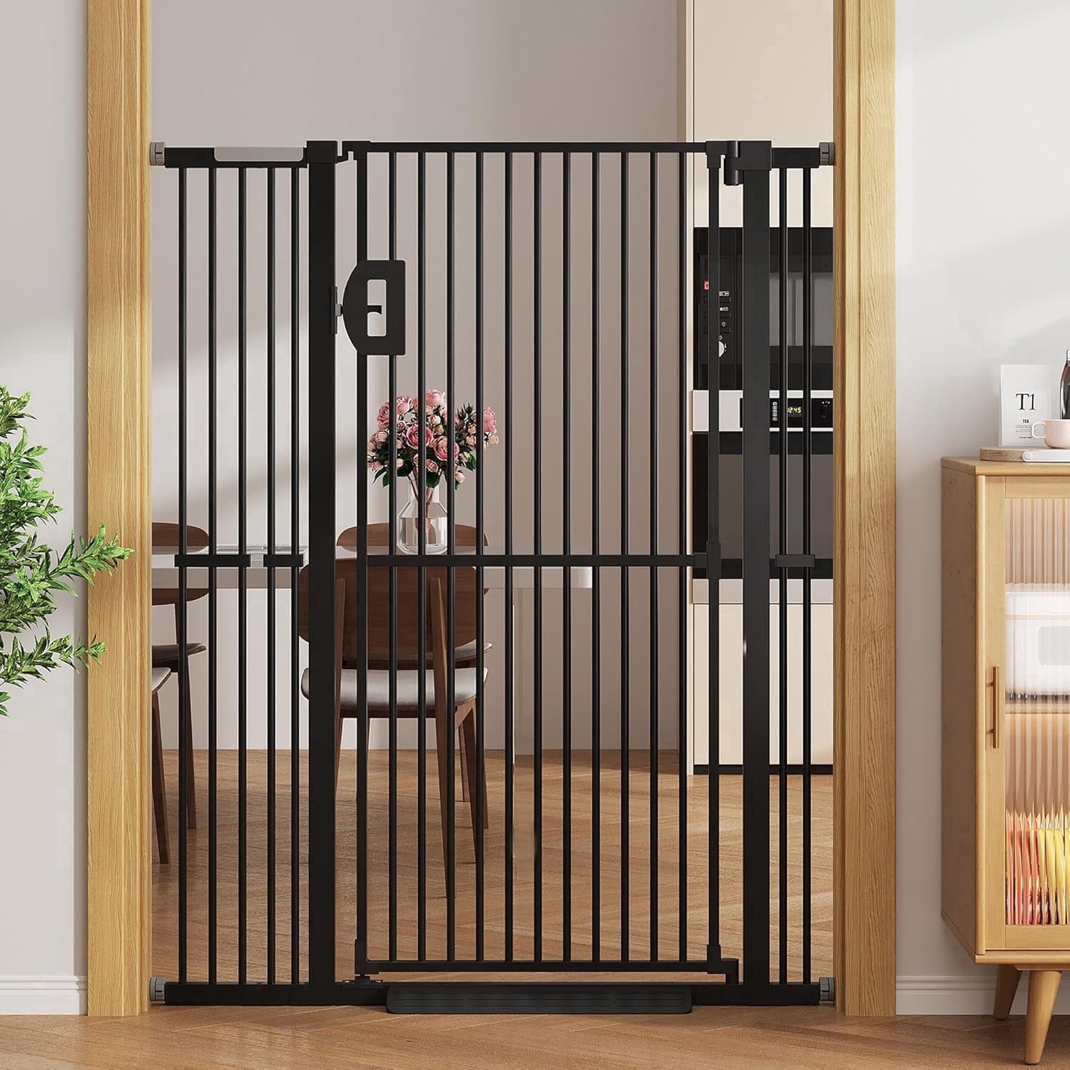 AOPEC 57" Extra Tall Pet Gate, Auto Close Dog Door Pressure Mounted No Drilling for Doorways, Hallways, Stairs, Expandable 27.5"-38.5" Wide, Narrow 1.18" Spacing for Small Dogs & Puppies, Black