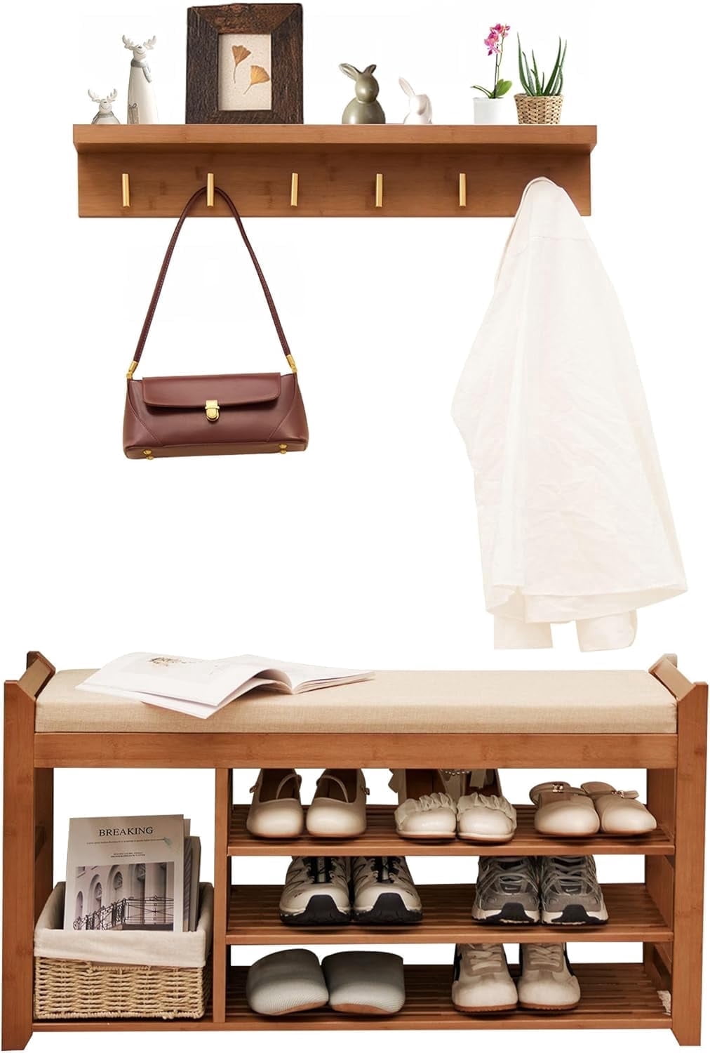 Hall Tree with Bench and 28" Shoe Storage, Coat Rack Shoe Bench Set with Seat Cushion and 6 Hooks for Entryway, Hallway, Living Room and Bedroom