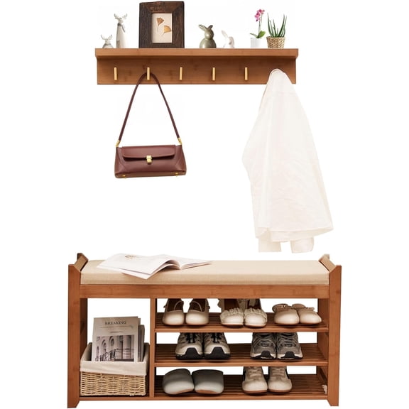 Hall Tree with Bench and 28" Shoe Storage, Coat Rack Shoe Bench Set with Seat Cushion and 6 Hooks for Entryway, Hallway, Living Room and Bedroom