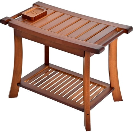 AOPEC Teak Shower Chair Stool, 24" Shower Bench Seat, Wooden Bathroom Bench with Storage Shelf for Indoor & Outdoor Use,Walnut