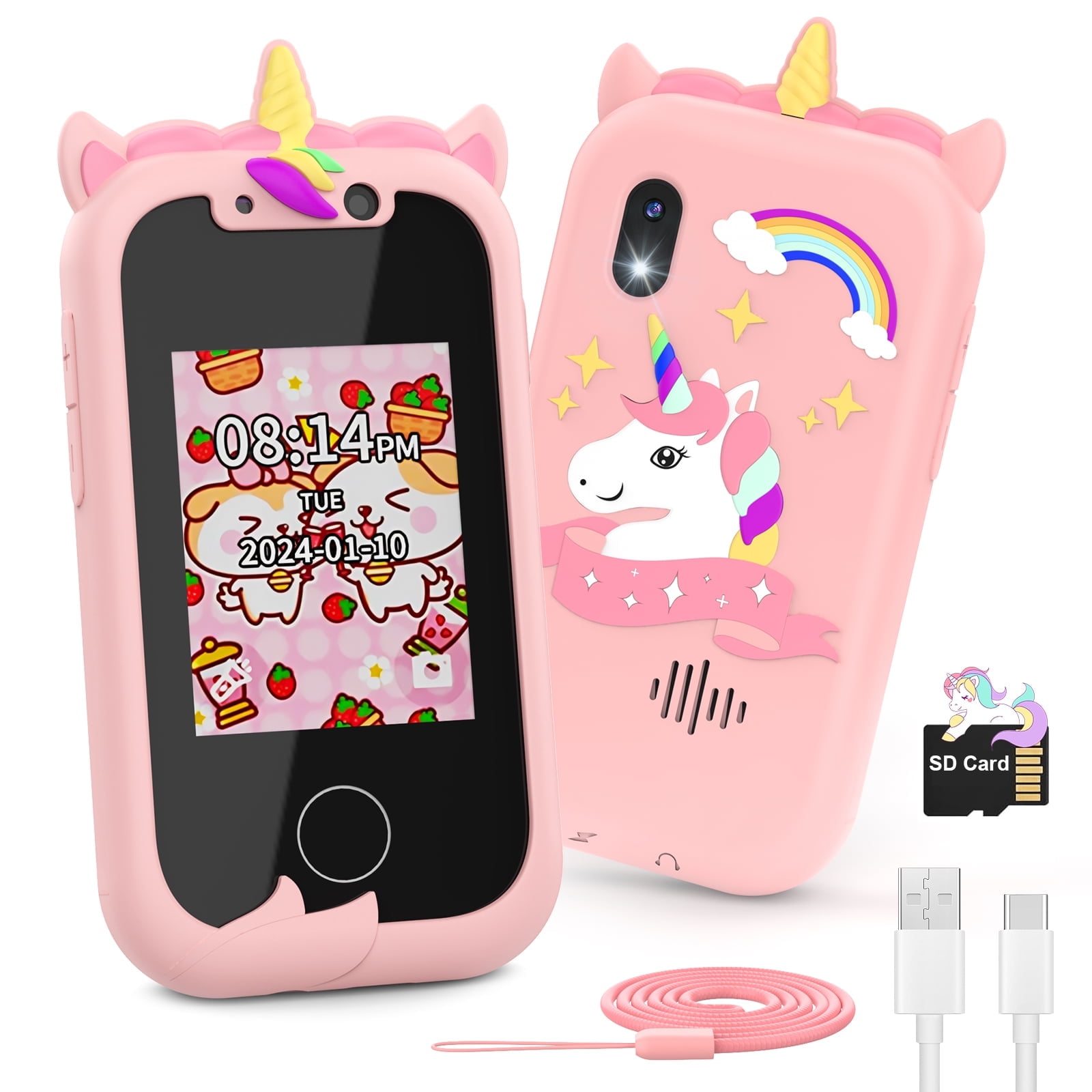 AOPICK Kids Phone for Girls Kids, Unicorns Christmas Birthday Gifts Toys for 3 4 5 6 7 8 years old Girls, 2.4" Kids Camera Toy Phone with Dual Camera Music Player Puzzle Games,SD Card