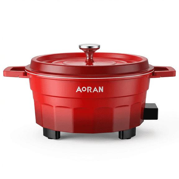 Aoran Electric Hot Pot non-stick cooker with adjustable temperature, heat-resistant handles, detachable cord, ideal for family meals.