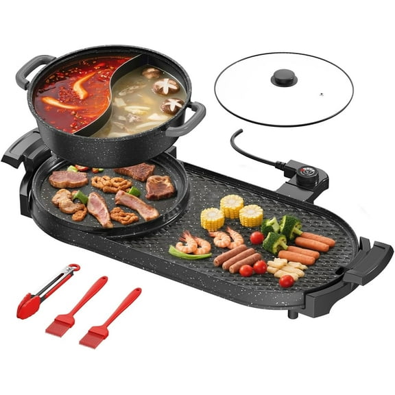 AORAN Electric Grill and Hot Pot Combo for Indoor Cooking, 2200W Detachable Dual Zone BBQ Griddle with Removable Split Pan, Non-Stick Surface, 29x11 Inch Family Size, Includes Grill Tools & Oil Paper