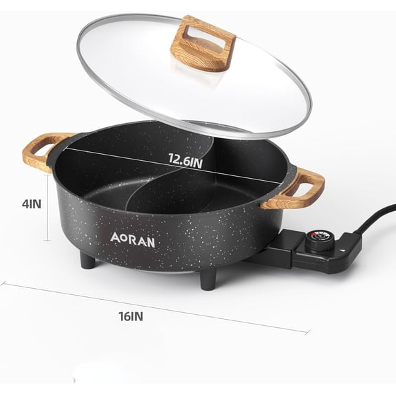 AORAN Electric Hot Pot with Divider, 8L Nonstick Smokeless Cooker for Shabu Shabu & Fondue, Multi-Function Cookware with Soup Ladle, Strainer, Includes Tongs - Easy to Clean, Black